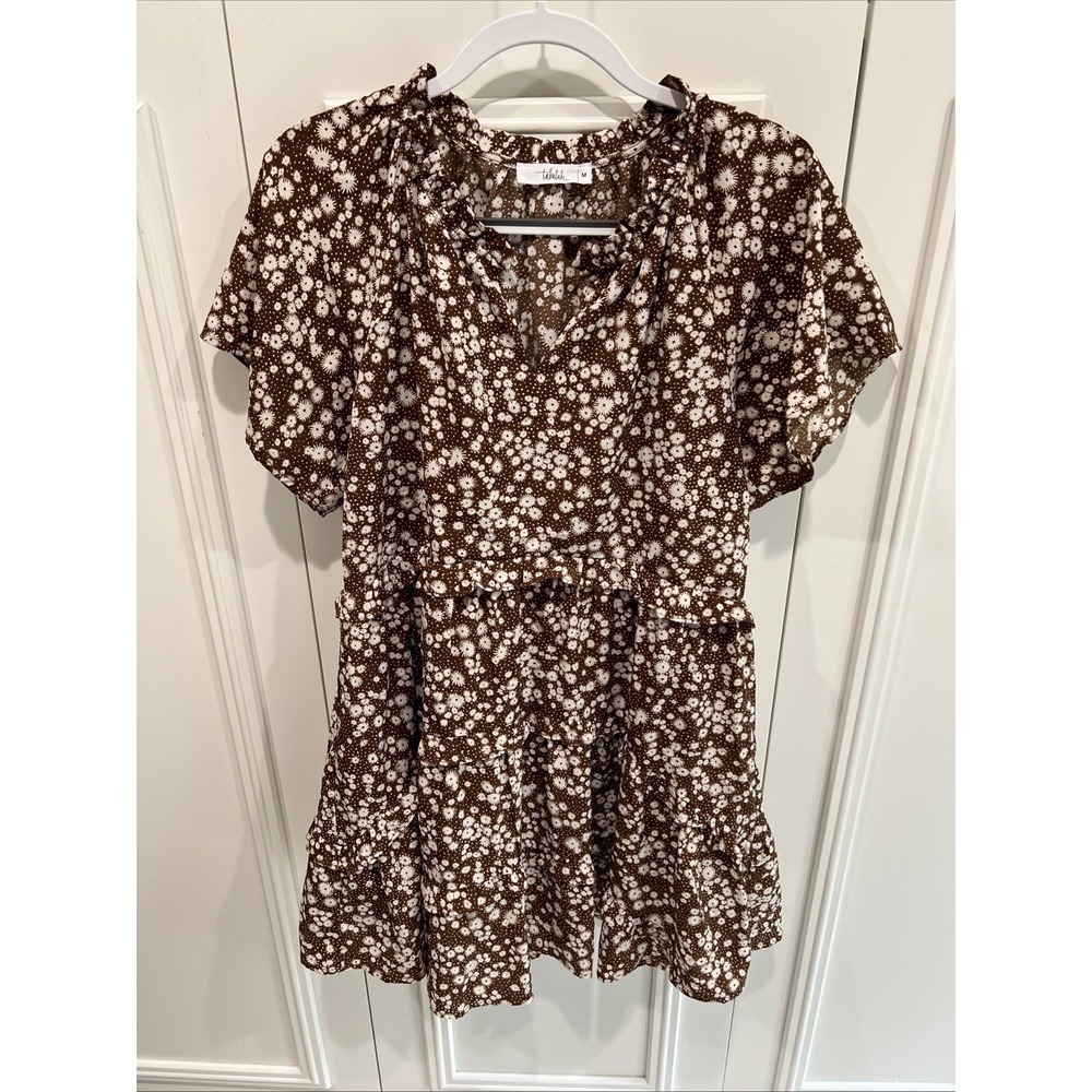 Talulah Brown & White Floral Mini Dress Size Medium Tiered Ruffle Peasant